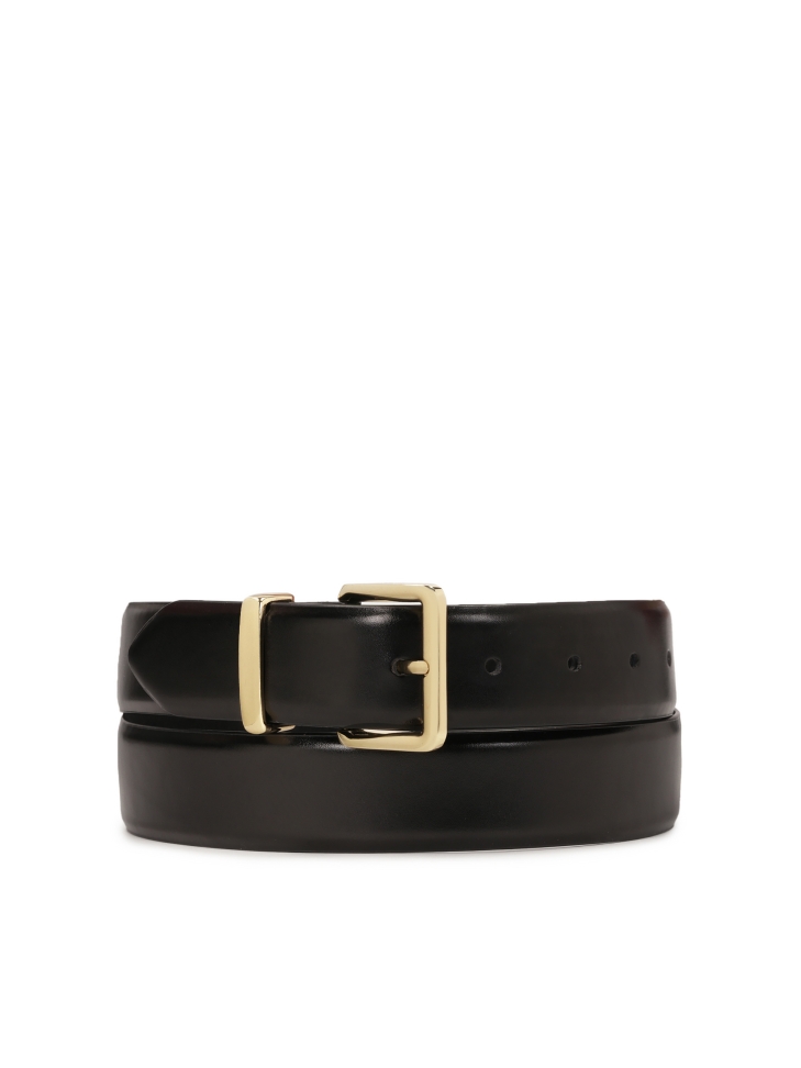 Black leather belt with gold buckle