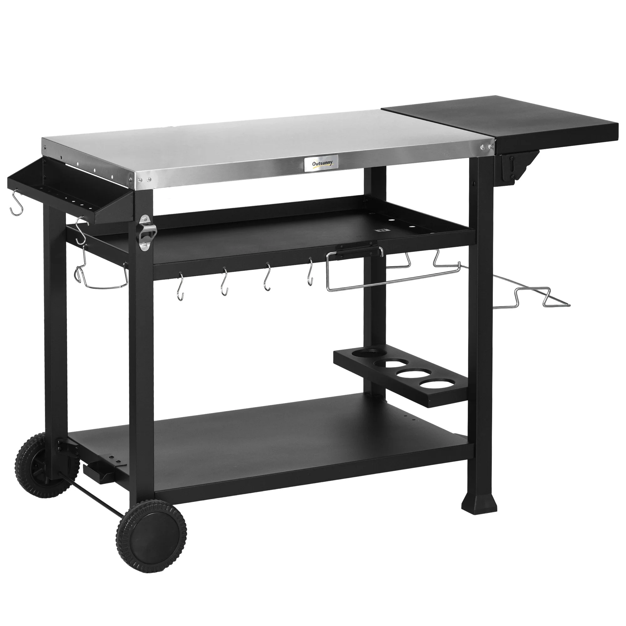 Outsunny Three-Shelf Outdoor Grill Cart with Foldable Side Table, 46 x 21.75 Multifunctional Stainless Steel Pizza Oven Stand