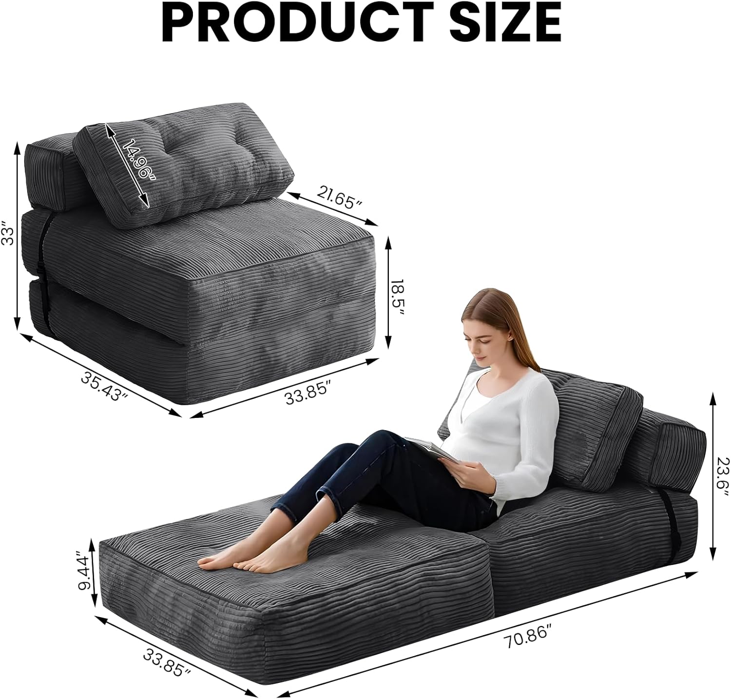 tantohom Folding Sofa Bed, Convertible Sleeper Chair with Pillow Foldable Mattress with Back Support,Space-Saving Sofa for Living Room,Bedroom (Dark Gray)