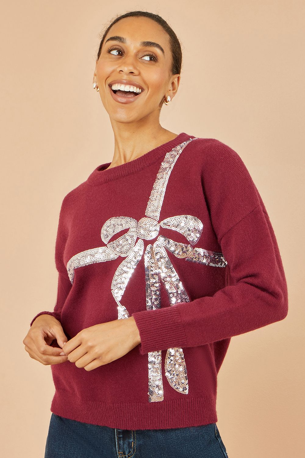 Yumi Burgundy Sequin Bow Knitted Jumper