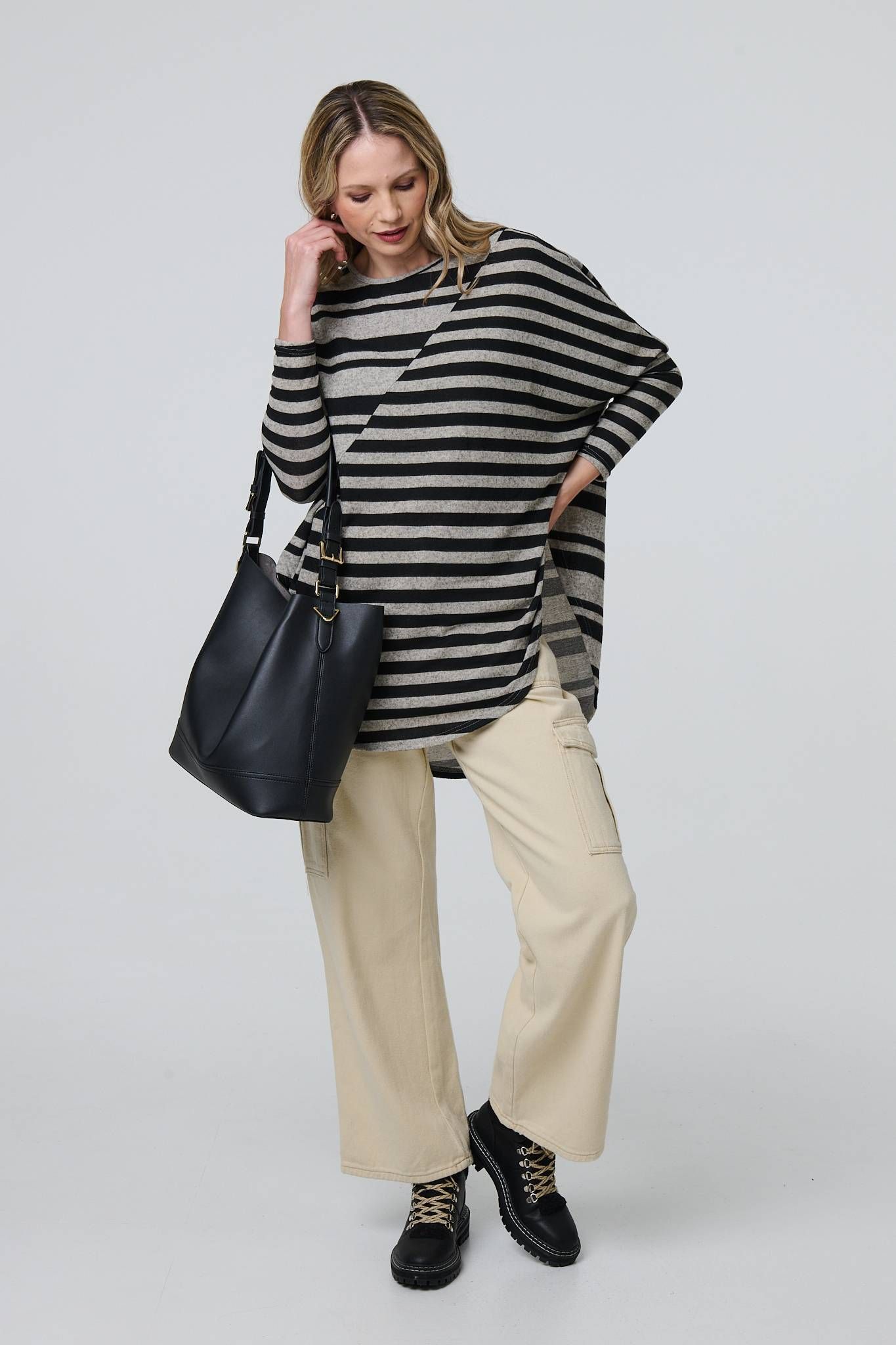 Izabel London Striped Asymmetric Long Sleeve Tunic Top