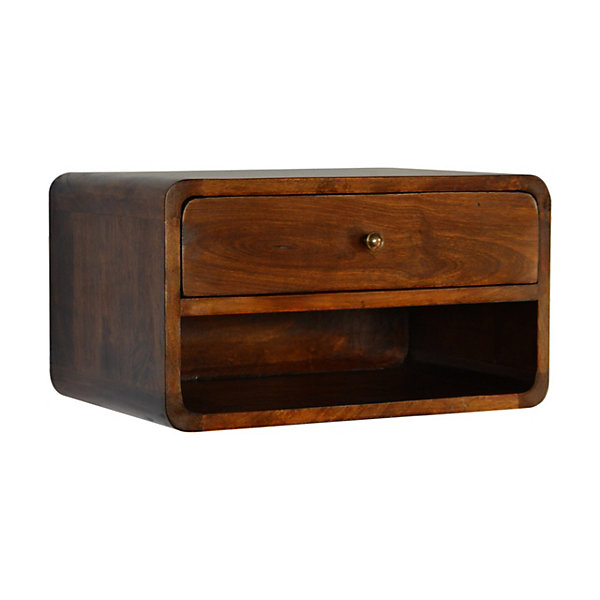 Artisan Furniture Bois massif châtaignier Curve table de chevet suspendue, 1 tiroir et ouvert étagère, marron foncé