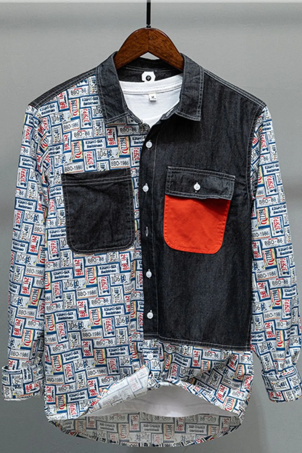 Men's Plus Size Denim Patchwork Long Sleeve Shirt