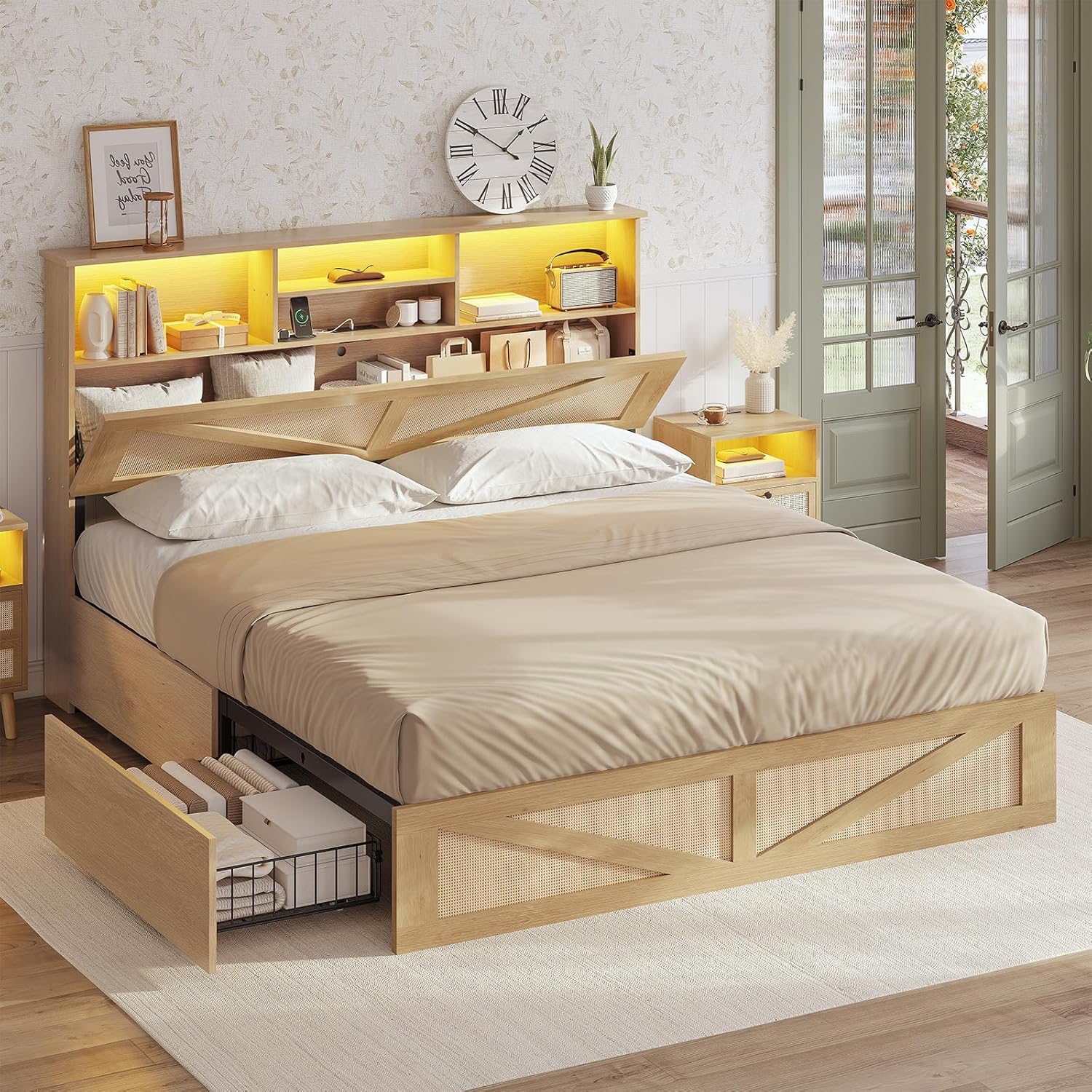 AOGLLATI Full Size Bed Frame with 4 Storage Drawers and Natural Rattan 2-Tier Bookcase Hidden Headboard, Boho Led Bed Frame Full Size with Charging Station, No Box Spring Needed, Wood