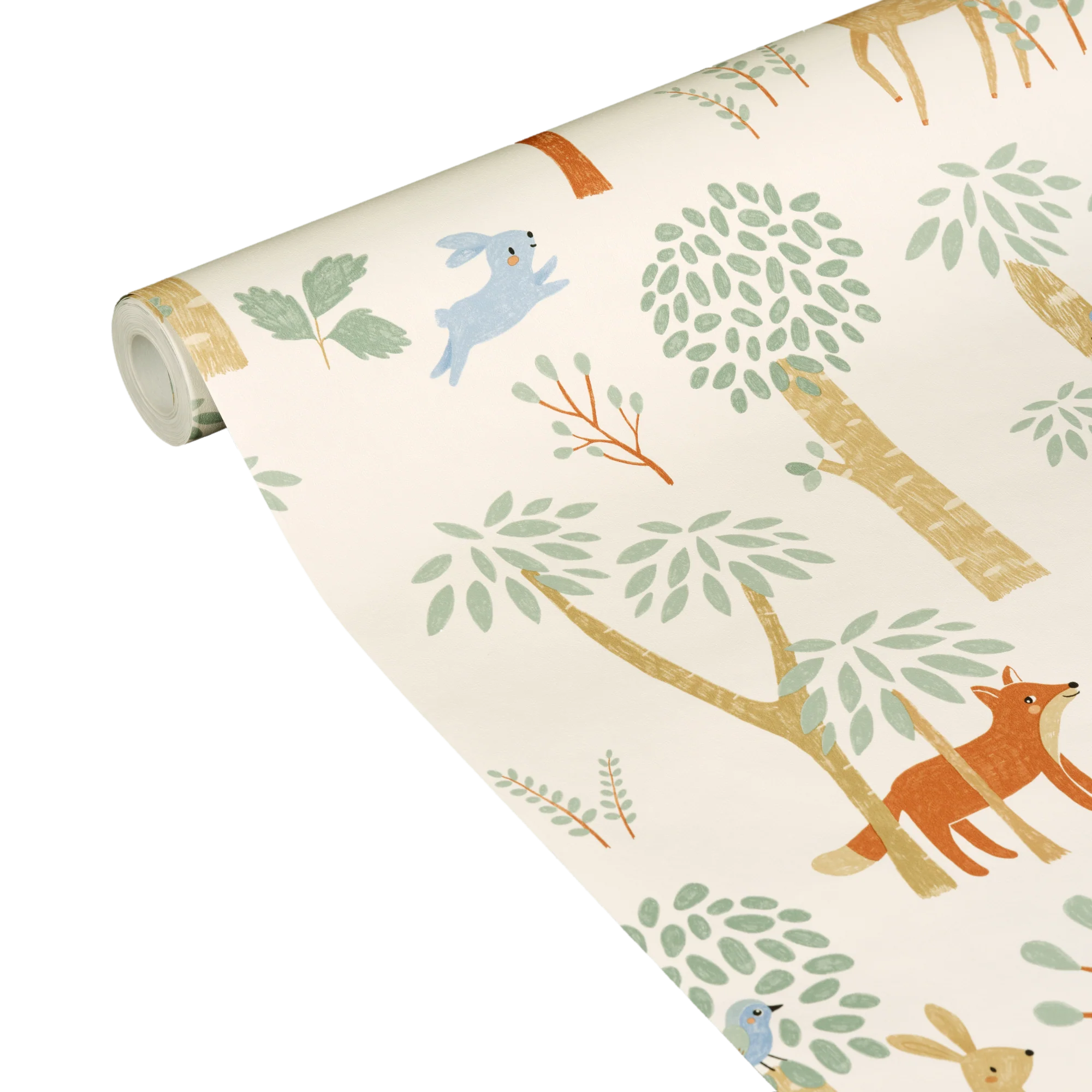 Papier peint intissé FRIENDLY FOREST vert céladon et beige