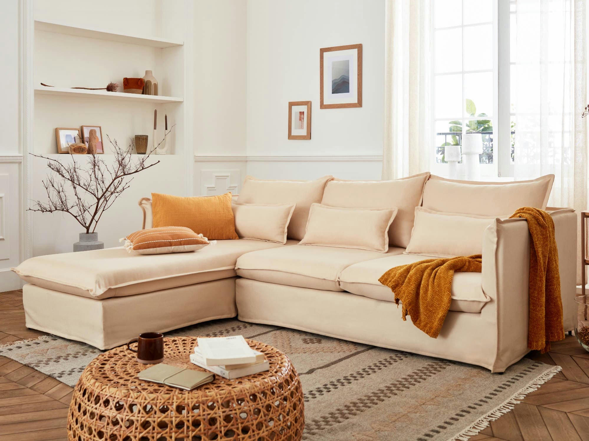 ADRIANN - Canapé d'angle gauche 4 places en tissu beige