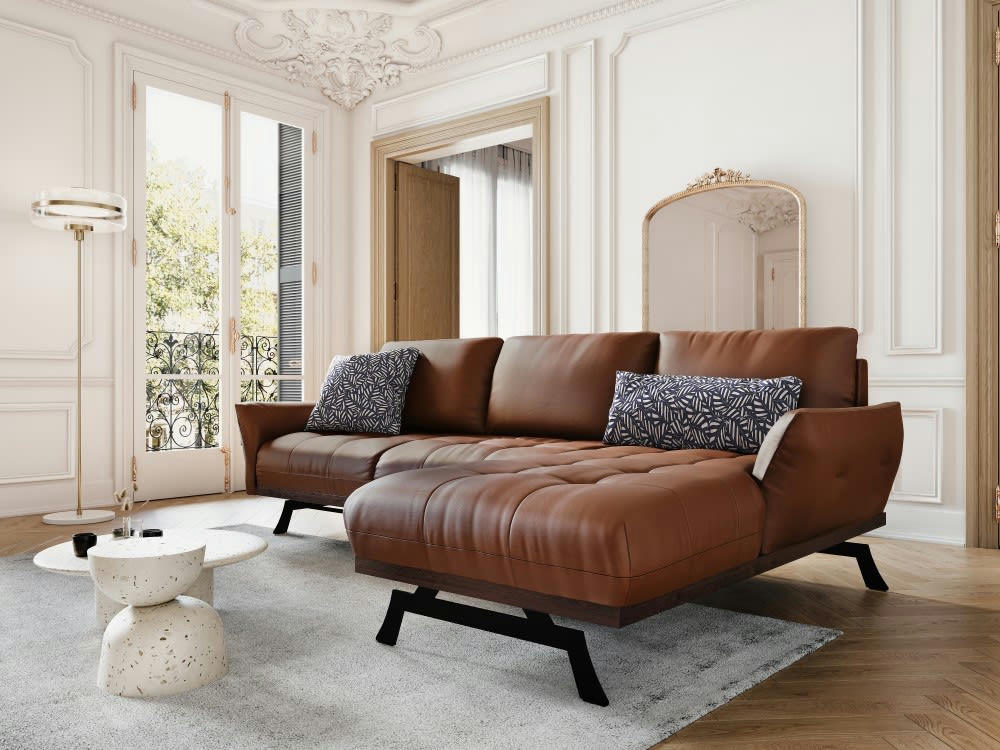 OLIVIER - Canapé d'angle 4 places en cuir marron