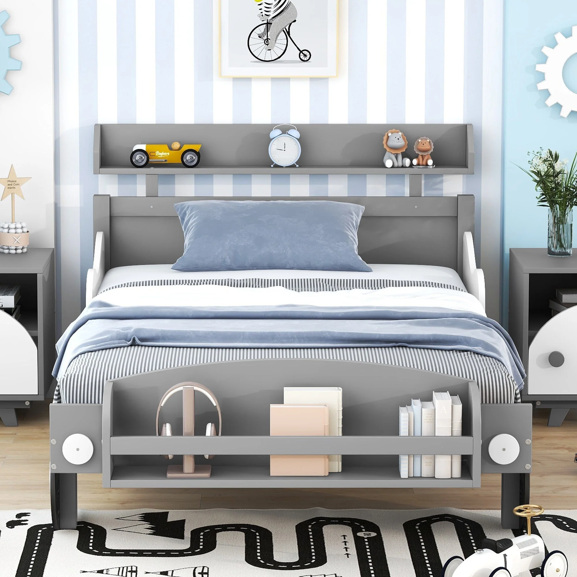 Full Size Car-Shaped Platform Bed with Storage Shelves and Safety Rails