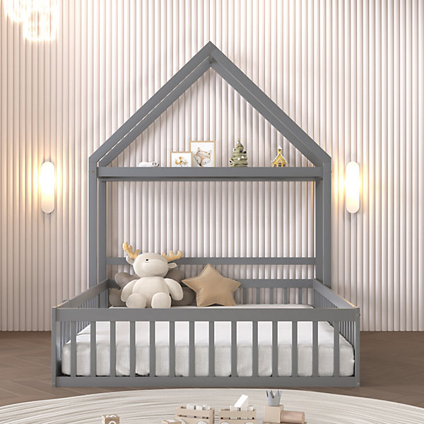 Lit enfant 140x200 cm bois massif, rangement, barrières complètes, portes, sommier, sûr et pratique, Gris
