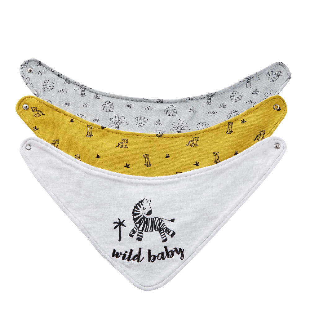- Bavoirs bandanas en coton bleu, noir, blanc et jaune moutarde (x3)