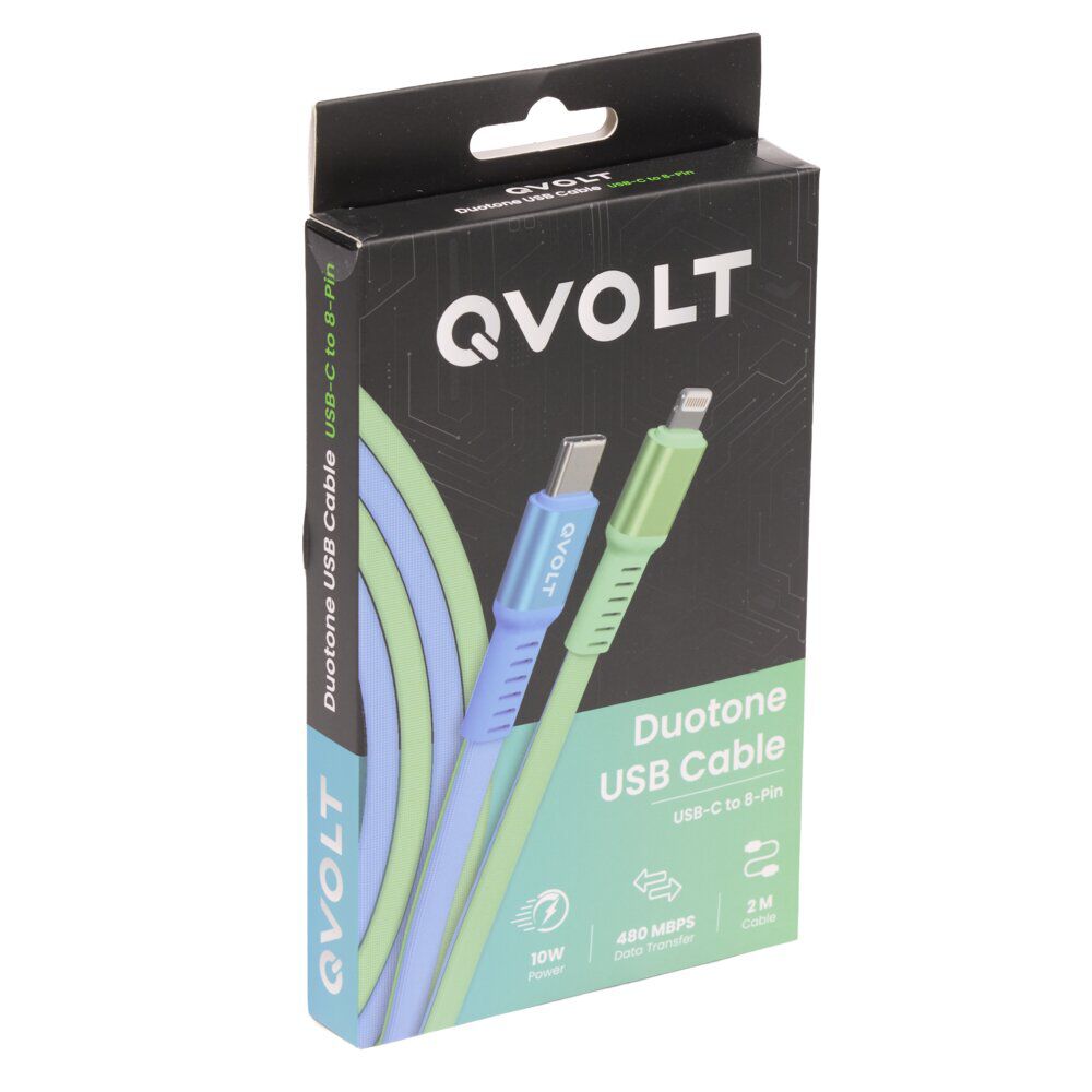 Câble USB-C vers Lightning charge rapide bicolore vert et bleu 2m