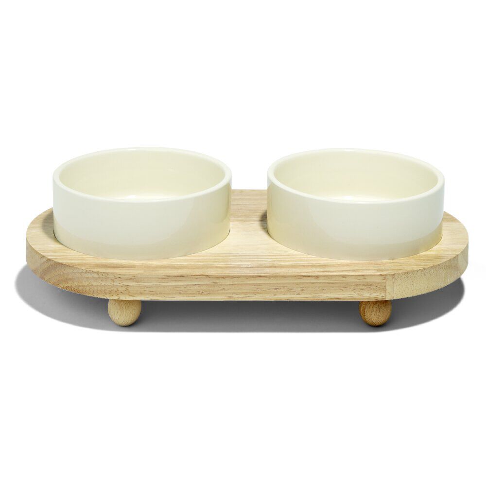 Gamelle double pour chien en dolomite avec socle en bambou