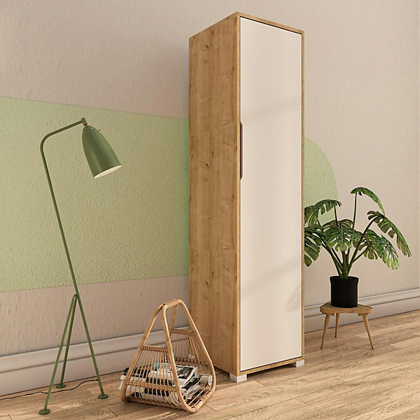 Colonne de rangement effet bois et porte blanche BYRON