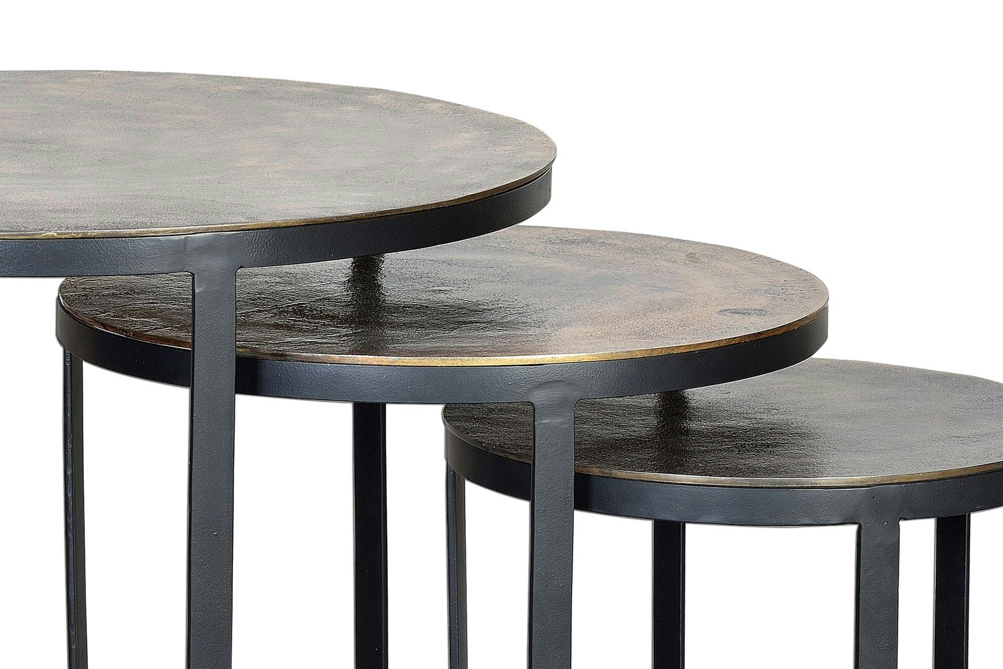 - Set de 3 tables plateau bronze et piètement métal