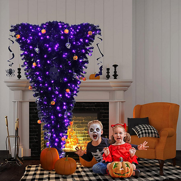 180CM Sapin Artificiel Inverse Noir Decore Sapin Renverse avec 810 Branches en PVC 270 Lumieres LED Violettes et 35 Decorations