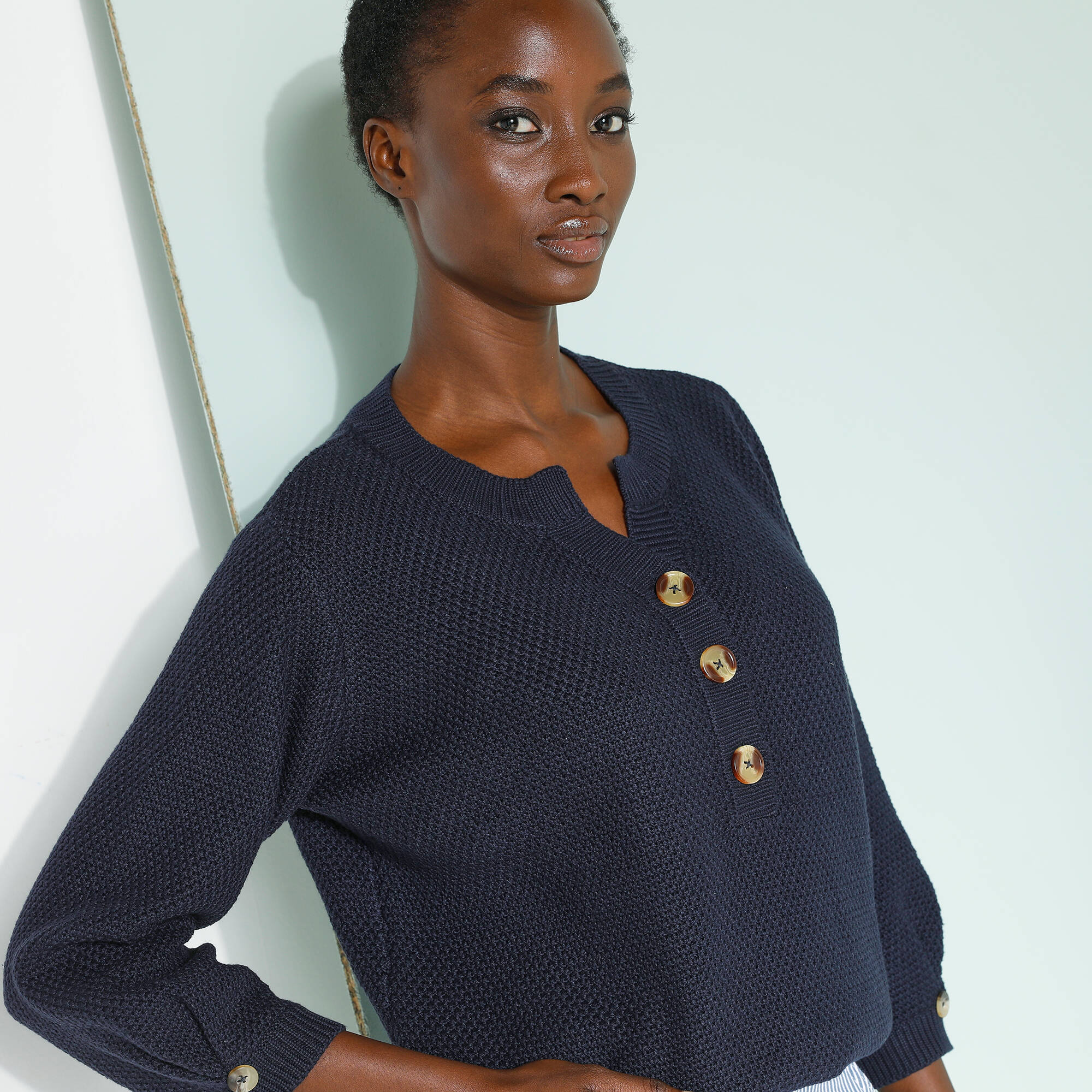 Pull col tunisien manches 3/4, maille fantaisie
