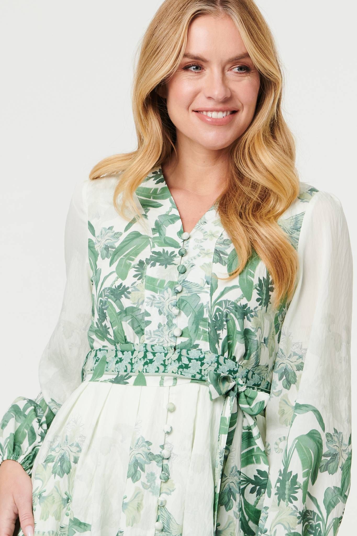 Izabel London Leaf Print Long Sleeve Tie Short Dress