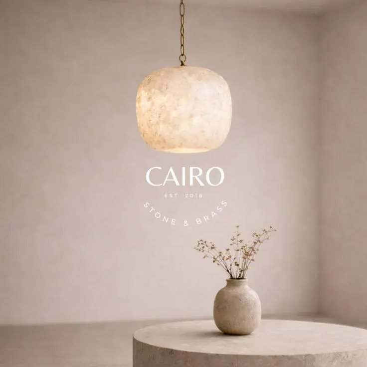 White Alabaster Pendant Light, Natural Stone Hanging Lamp With Brass Chain