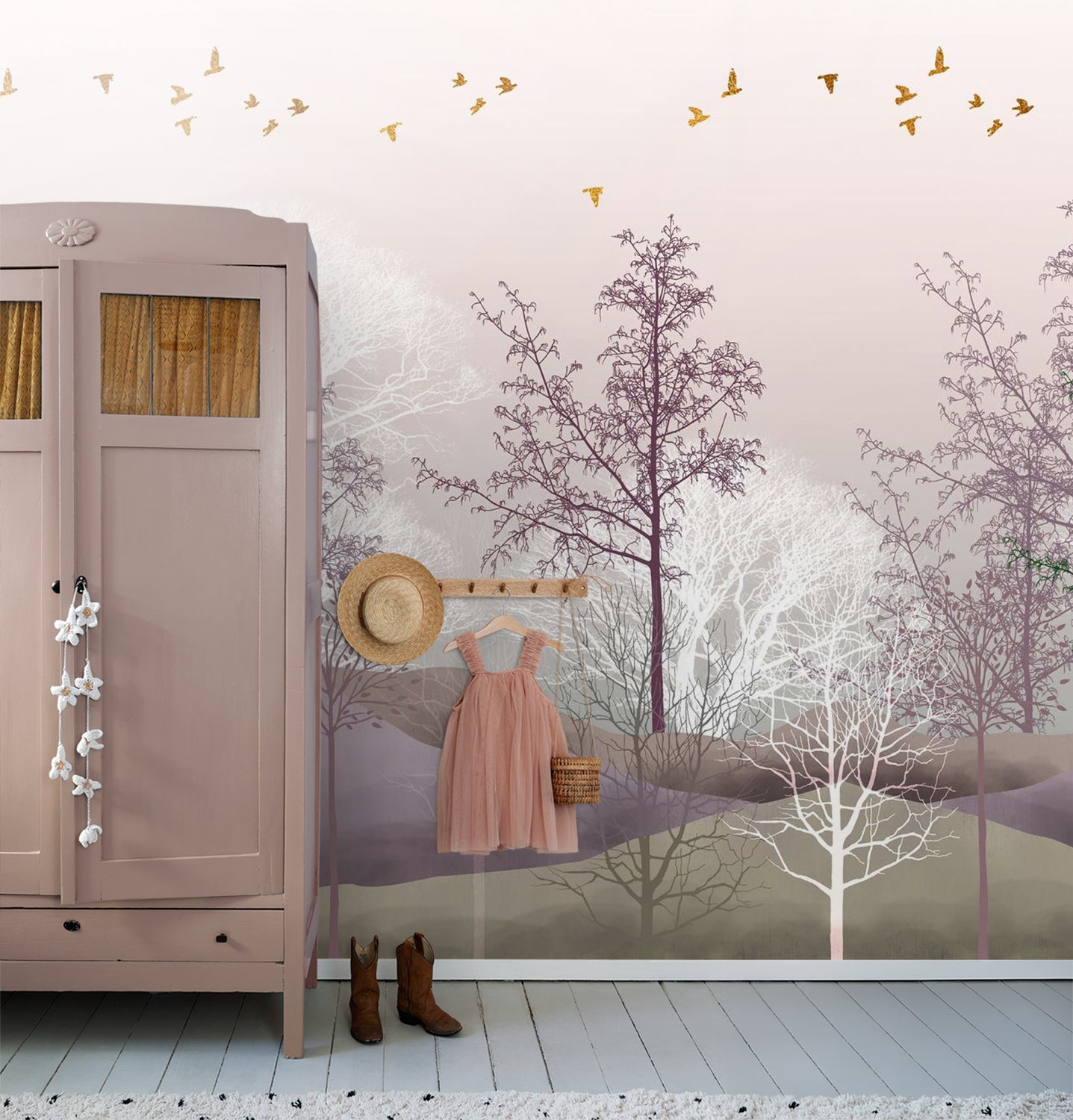 Sanders & Sanders fotobehang bosrijk landschap paars, beige en wit - 375 x 270 cm - 600976