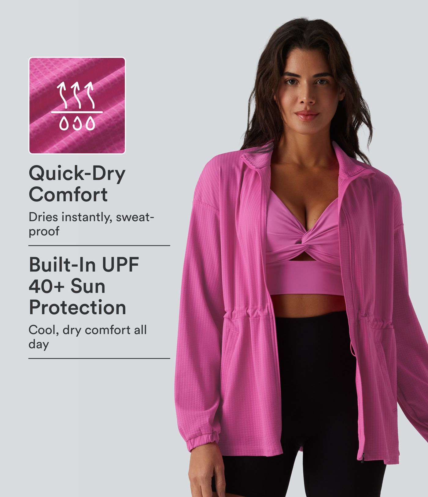 Veste sport manches longues séchage rapide à cordon de serrage intérieur - UPF40