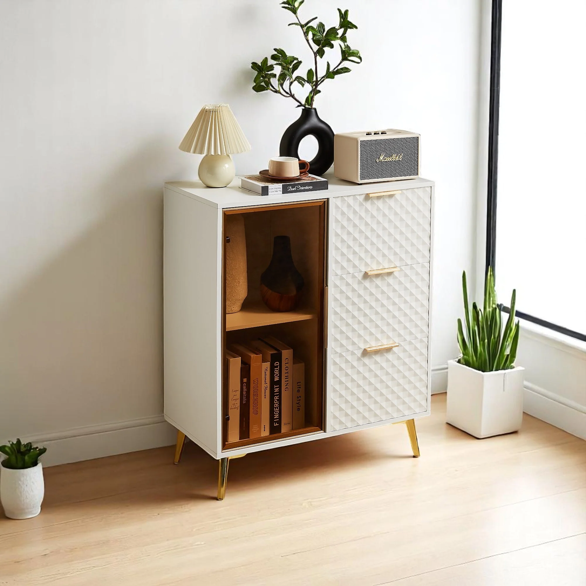 Accent Cabinet with 3 Drawers and 2 Glass Shelve,Tempered Glass Doors & Metal Legs,Storage Sideboard for Living Room or Entryway