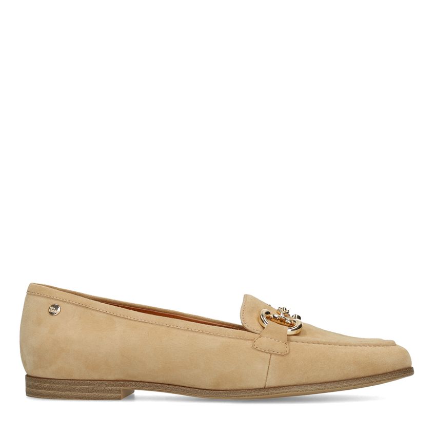 No Stress Beige suède loafers met gouden chain