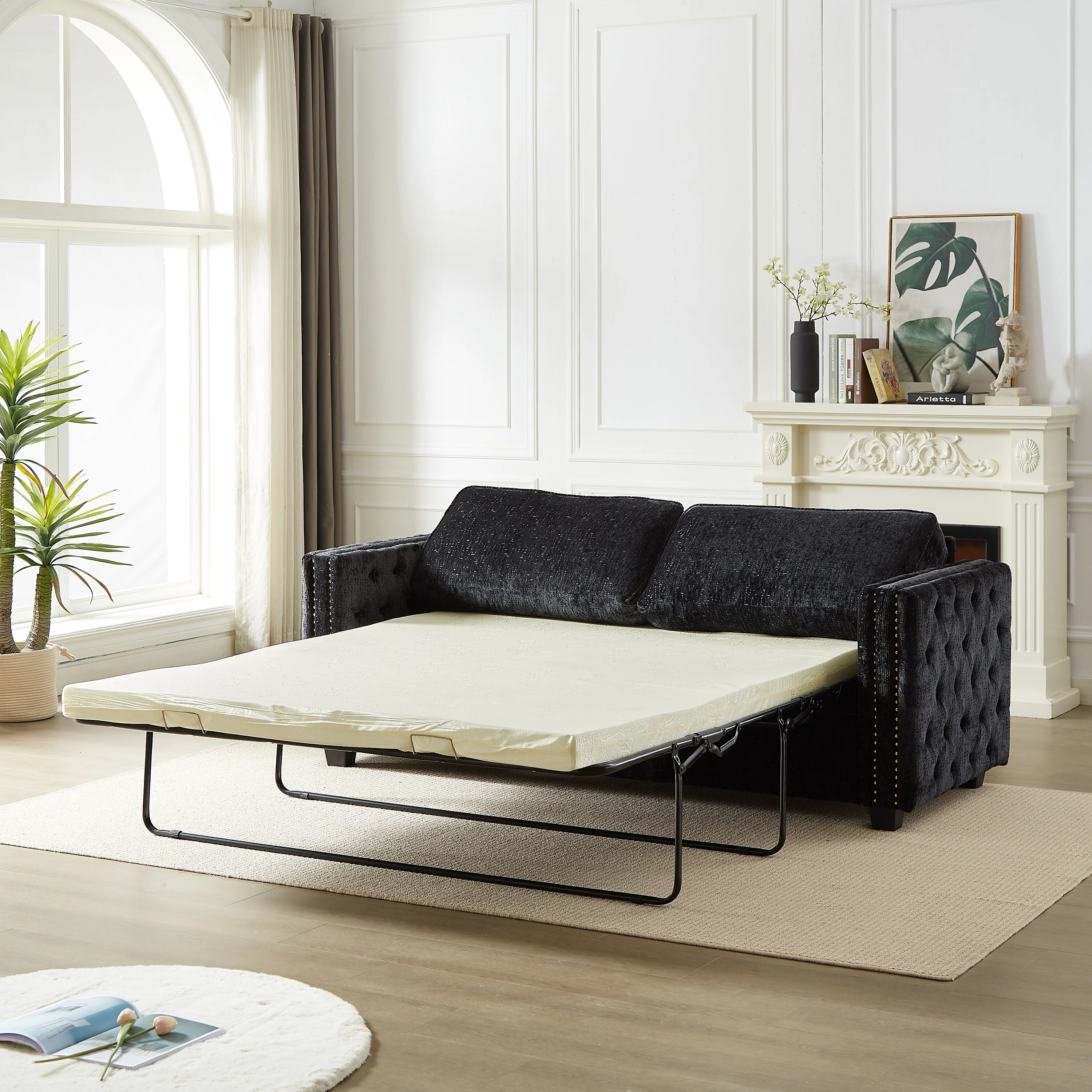 Black 81 Chenille Nailheads 3-seater Sleeper Sofa with Memory Foam Mattress for Living Room