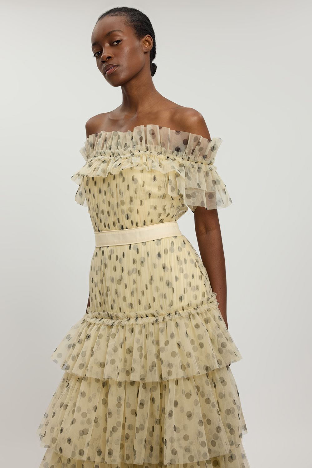 KarenMillen Polka Dot Tulle Layered Off The Shoulder Maxi Dress