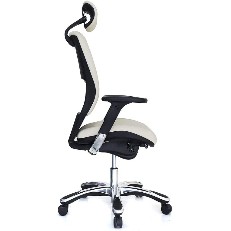 GM Seating Ergolux Genuine Leather Executive Hi Swivel Chair Chrome Base with Headrest, White