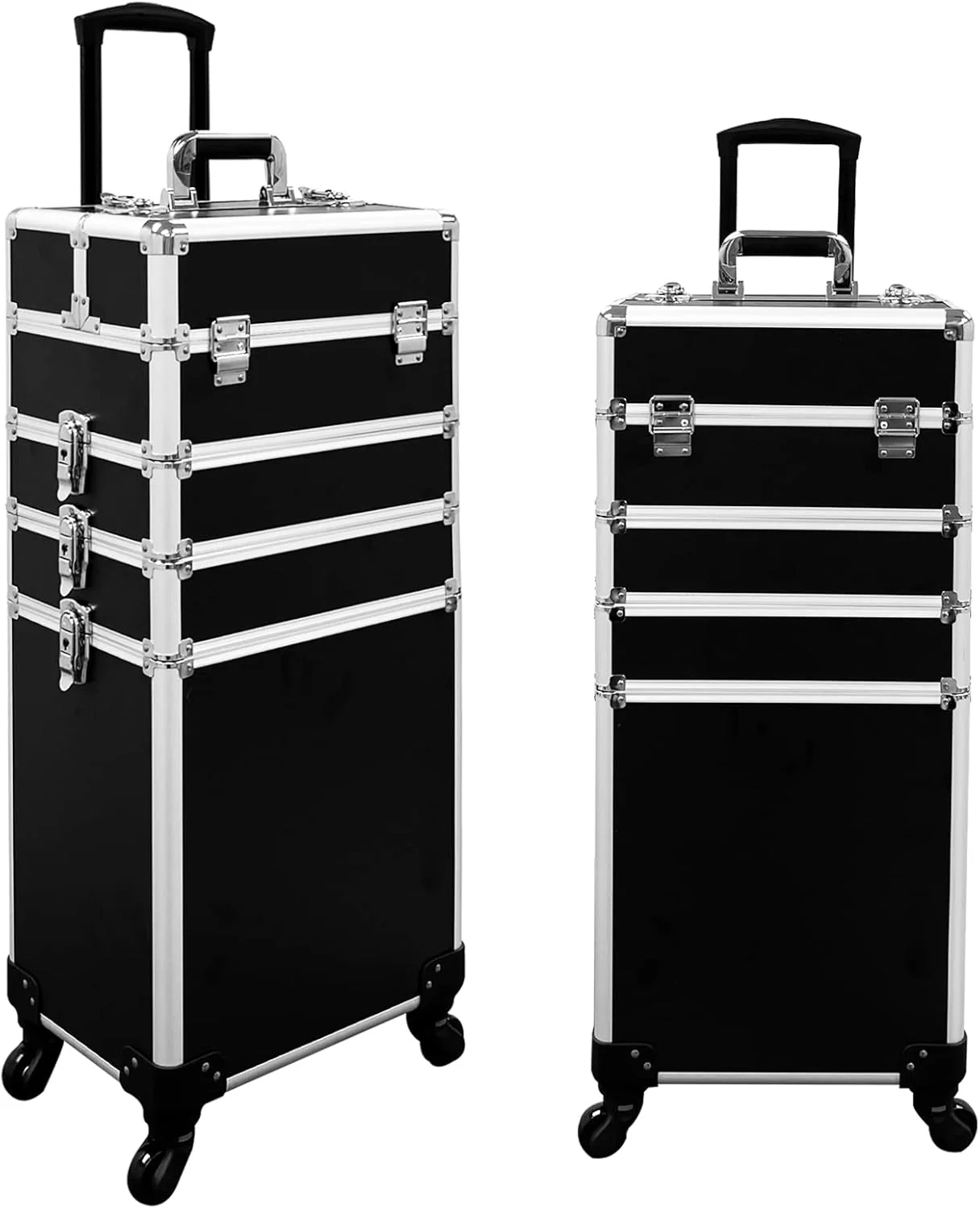 4 in 1 Professional Rolling Aluminum Cosmetic Makeup Train Organizer Storage Case Artist Train Case Salon Beauty Cosmetic Jewelry Organizer Trolley with 4 Wheels (All Black)(Black and White Mixed)