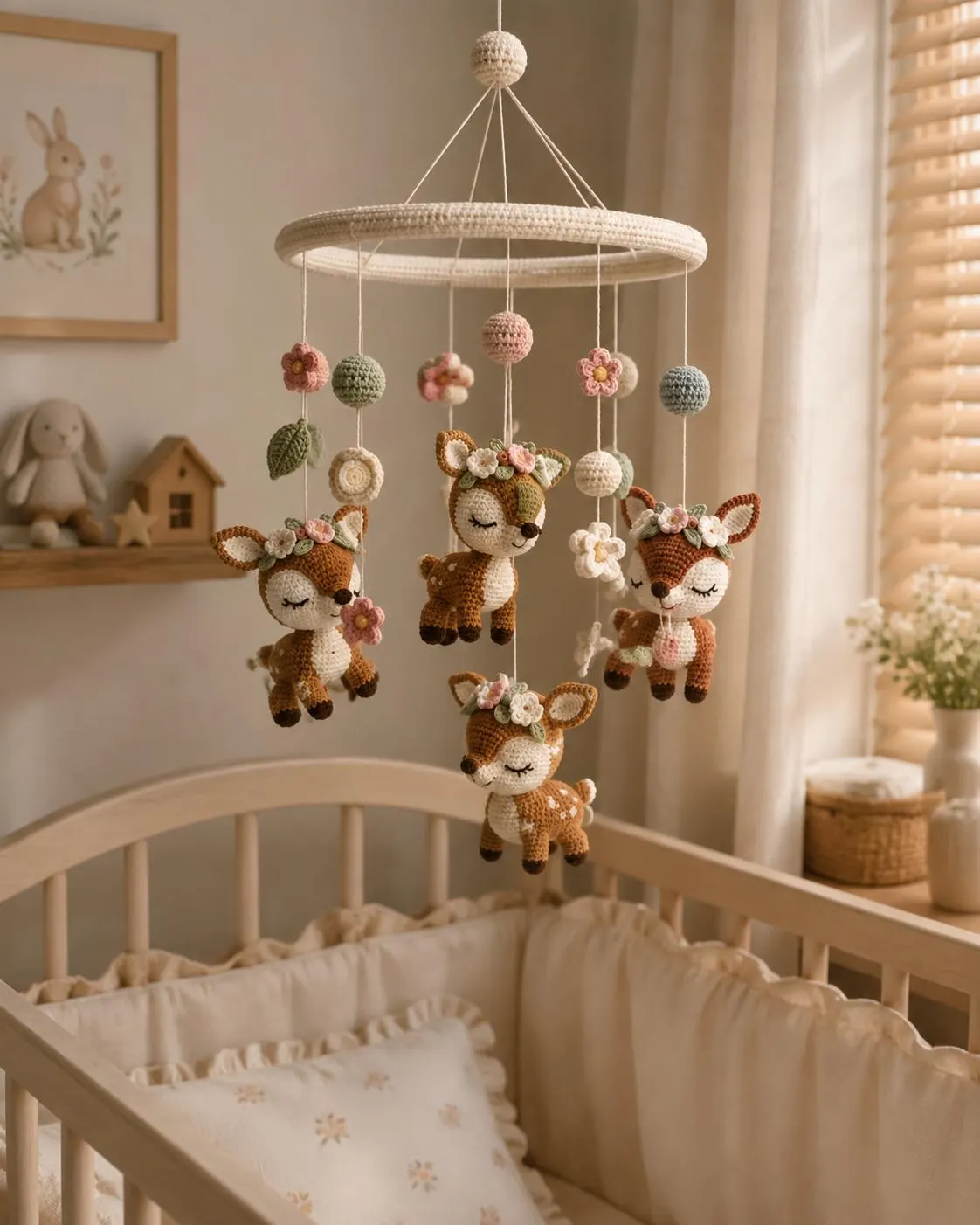 Crocheted Deer Mobile with Floral Halos, Woodland Baby Nursery Decor