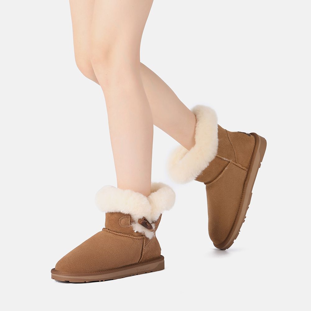 EverAu Australia Real Sheepskin Robin Horn Toggle button Mini Boots with TPR Sole