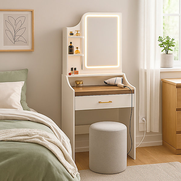 Afrodite - Coiffeuse avec lumière LED, tiroir, 3 étagères et prises, station de maquillage en bois blanc