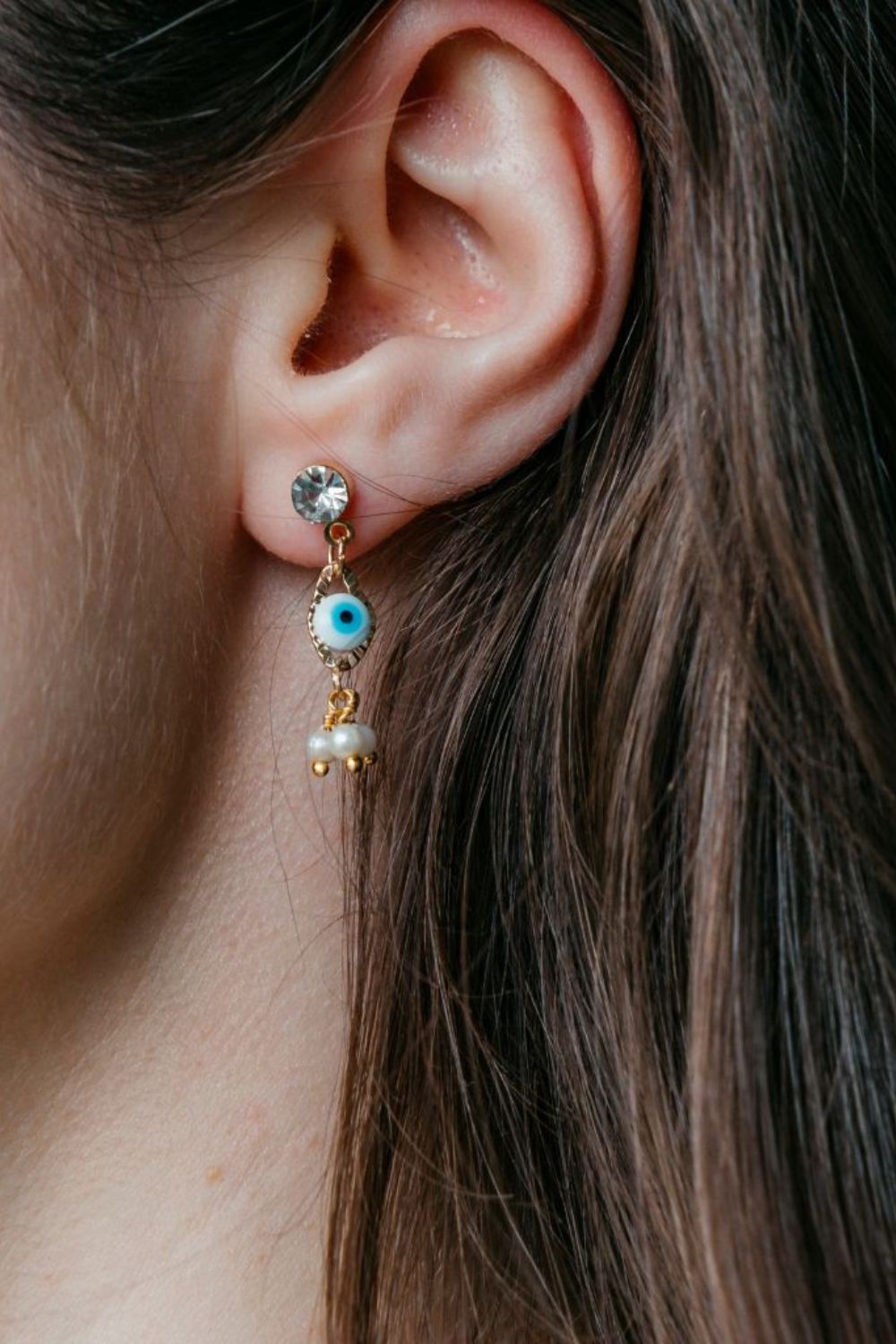 The Colourful Aura White Tiny Pearl Poth Zircon Evil Eye Stud Earrings