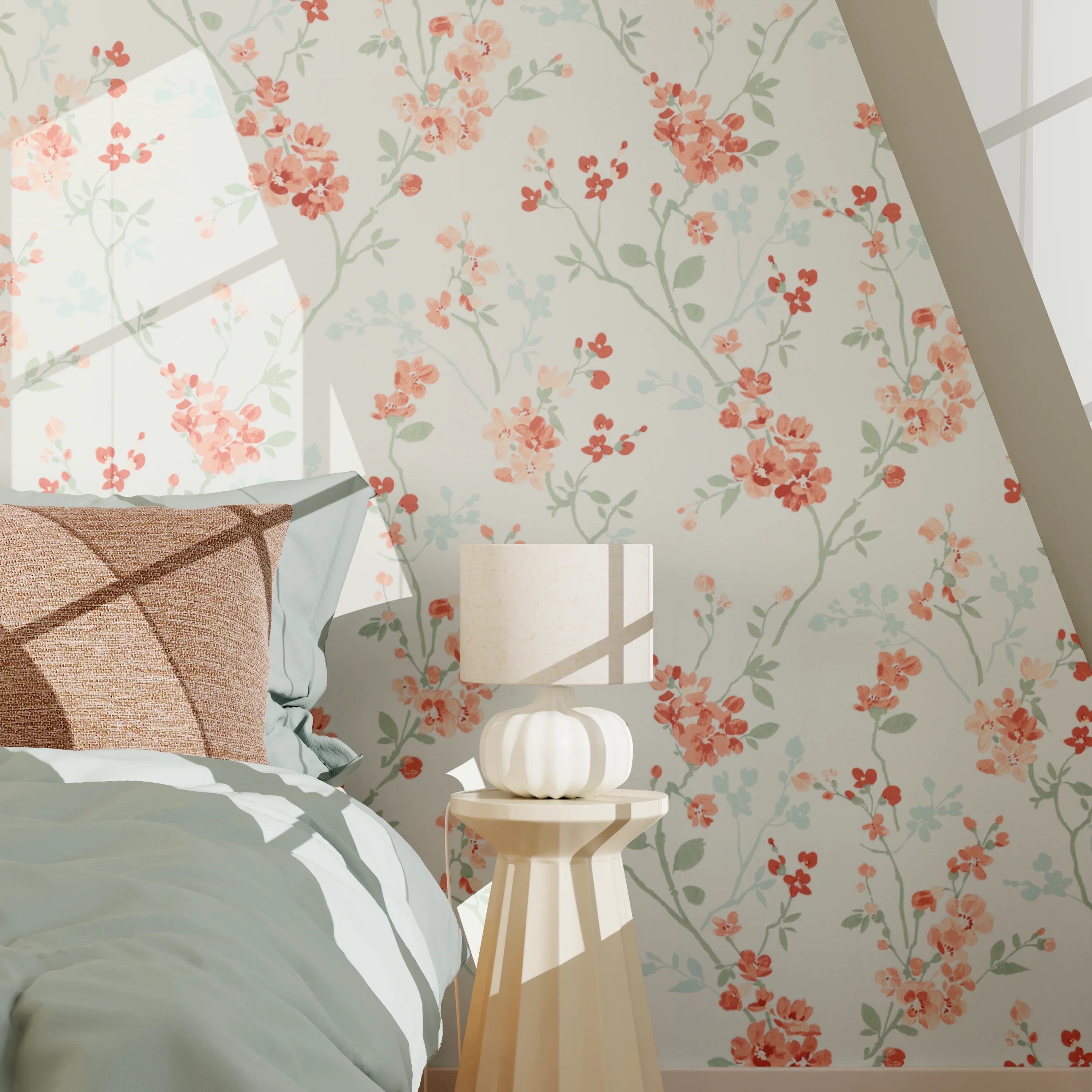 Papier peint intissé EMELIE coloris Rose et vert bleuté