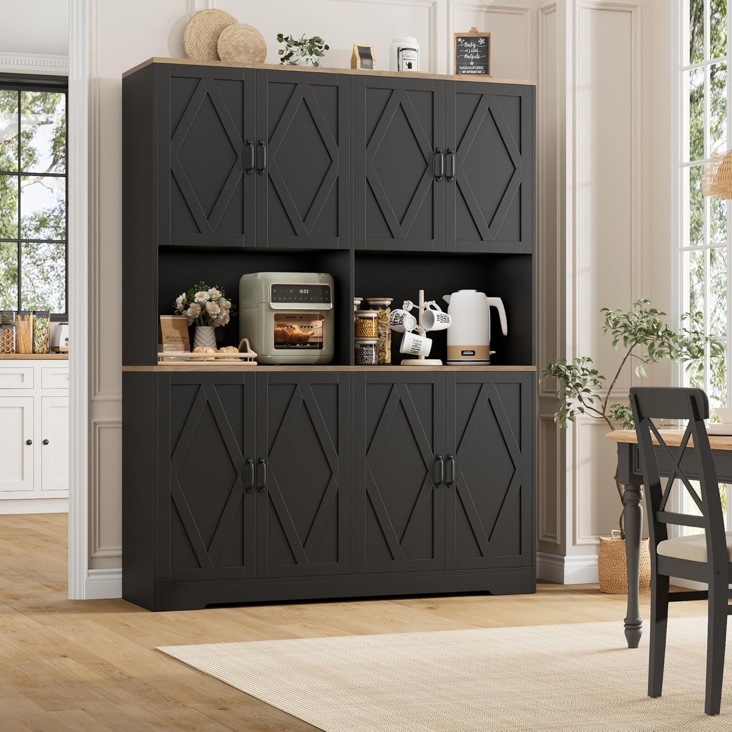 HOSTACK 71 Tall Pantry Cabinet, 55 Wide Kitchen Pantry Storage Cabinet, Large Kitchen Hutch with 2 Microwave Stands, Farmhouse Coffee Bar Station with Doors and Shelves for Dining Room, Black