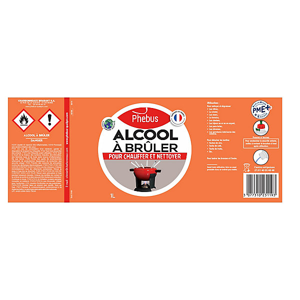 Alcool à brûler pour chauffer et nettoyer Phebus 1L