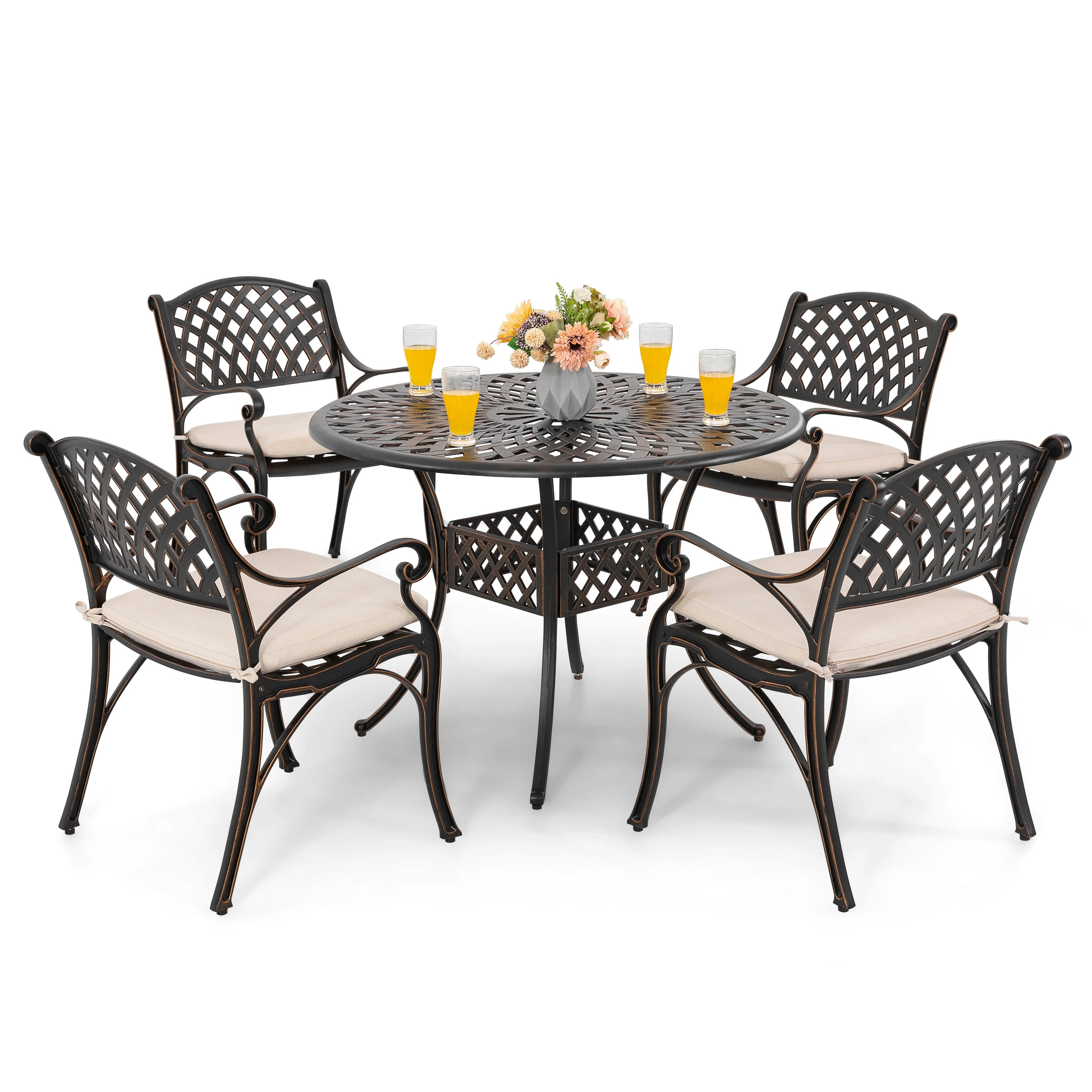 Outdoor 5-Piece Cast Aluminum Dining Set with Cushions