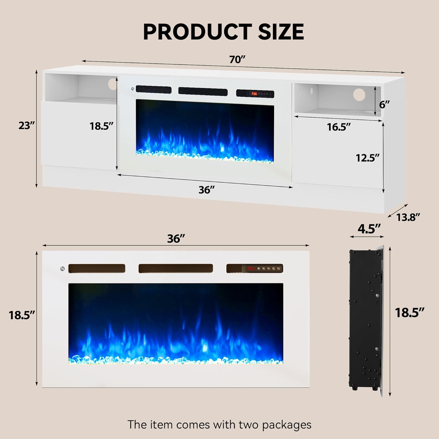 70 Fireplace TV Stand, LED Light Entertainment Center for TVs Up to 80, High-Gloss Door, Modern TV Console for Living Room with Storage Cabinet, White+White