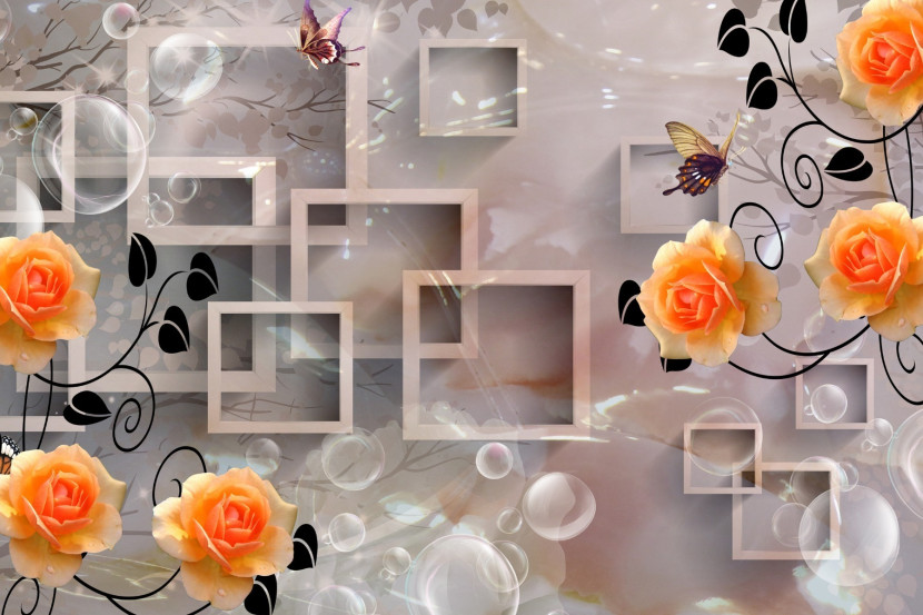 Fototapeta ABSTRAKCYJNA Kwiaty Motyle 3D 90x60cm