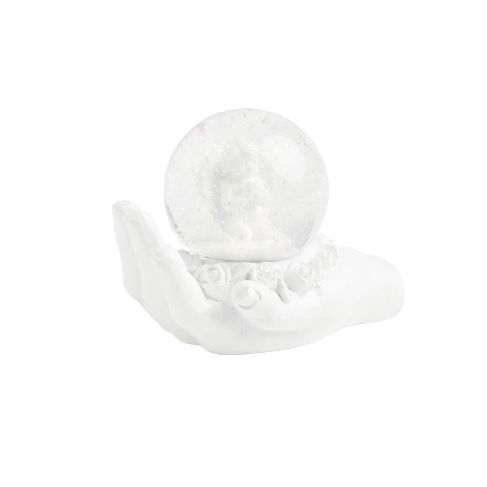 Main polyrésine blanche avec boule de neige ange à poser Ø6,5cm