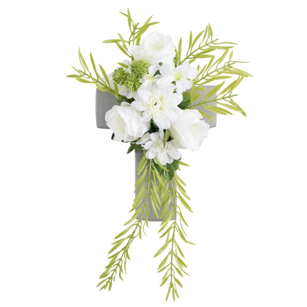Croix funéraire en ciment avec oeillet blanc 26x17,5xH13cm