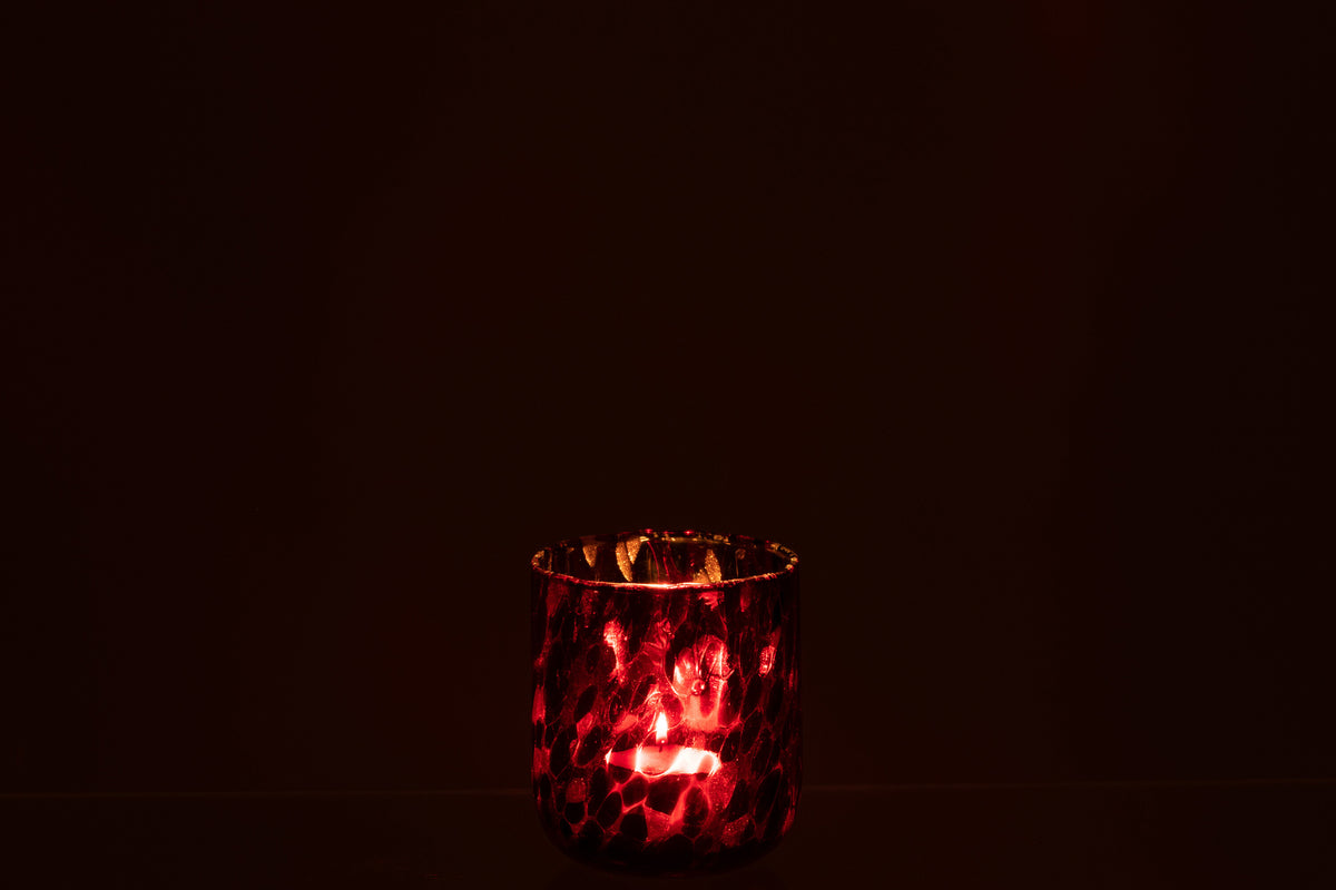 J-Line windlicht Gevlekt - glas - rood/zwart - small - 2 stuks