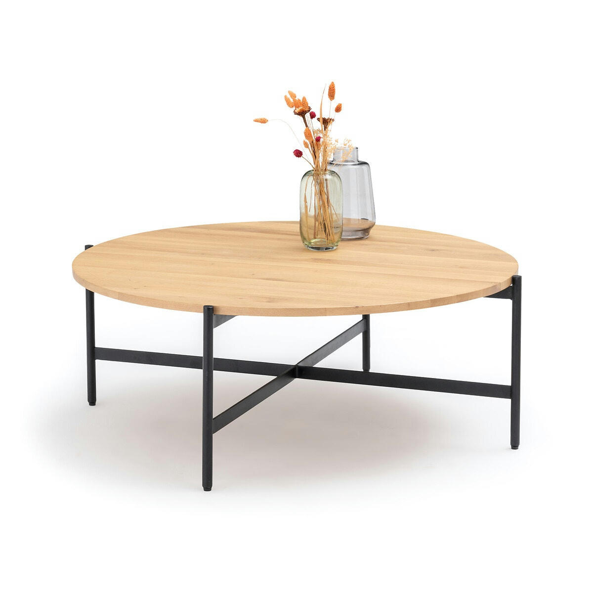 Table basse ronde chêne massif métal acier, Davia