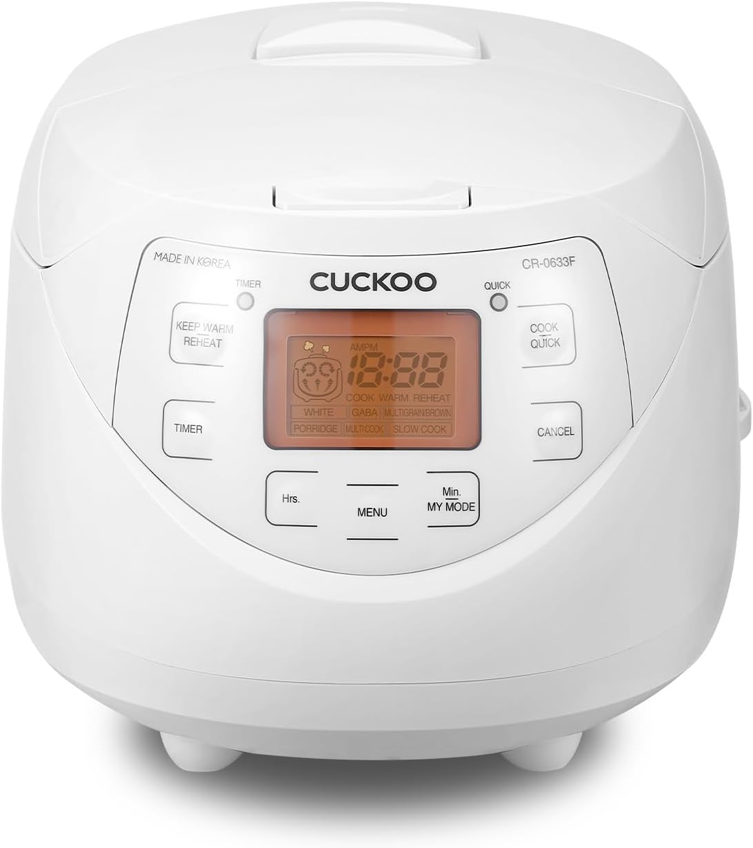 CUCKOO Micom Rice Cooker 6 Cup Uncooked / 12 Cup Cooked, Korean Fuzzy Logic Rice Cooker with Delay Timer & Keep Warm Setting, Versatile Food Steamer with Non-Stick Inner Pot, White (CR-0633F)