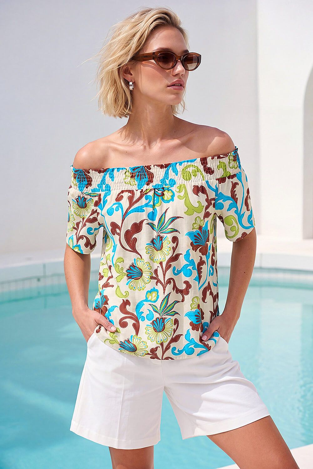 Roman Floral Print Bardot Top