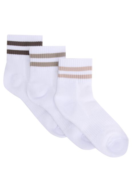 Womens 3pk White Quarter Stripe Sport Socks