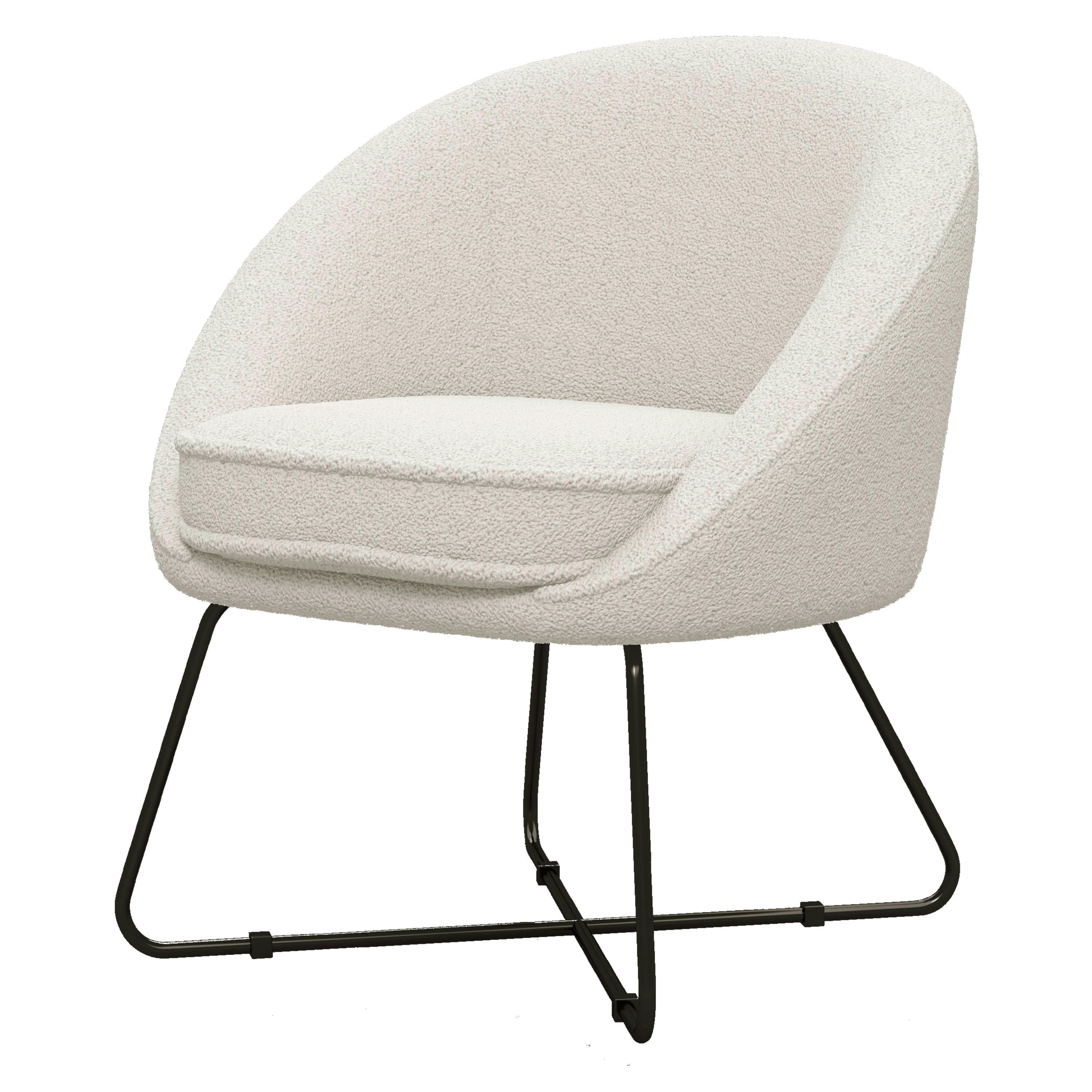 JONAS - Fauteuil lounge en tissu bouclette Ecru et pieds métal noir