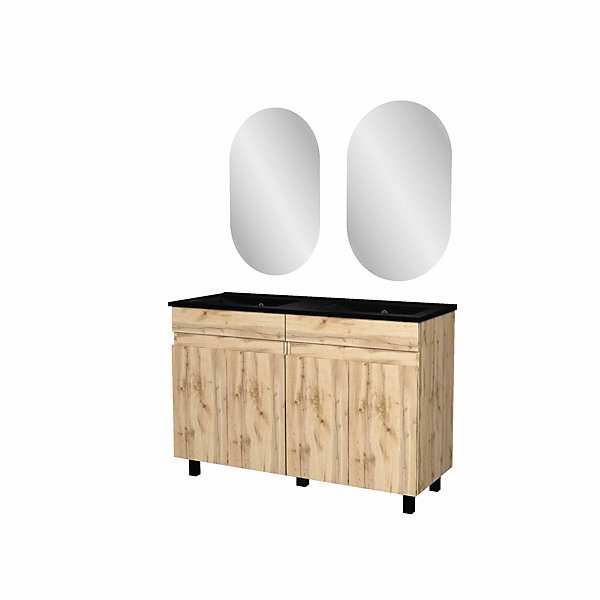 Ensemble sous vasque à poser effet chêne industriel 4 portes   vasque double noire   2 miroirs, l.120 cm, Galedo Timber