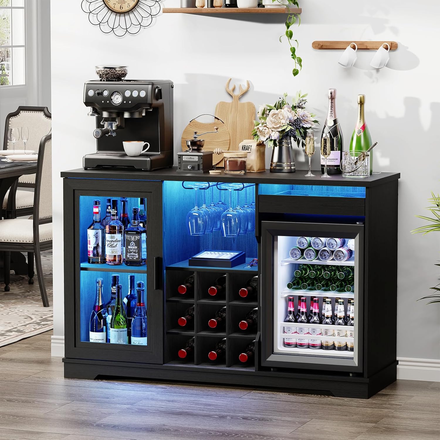 Coffee Bar Cabinet with Fridge (Fridge Included), Large Liquor Bar Cabinet with LED Lights, Glass Holder & Wine Rack, Wine Cabinet with Human Body Sensor, Buffet Sideboard for Home, Black